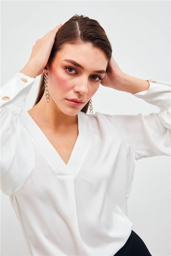 Sateen 871-1010 Ekru Kadın V Yaka Saten Bluz