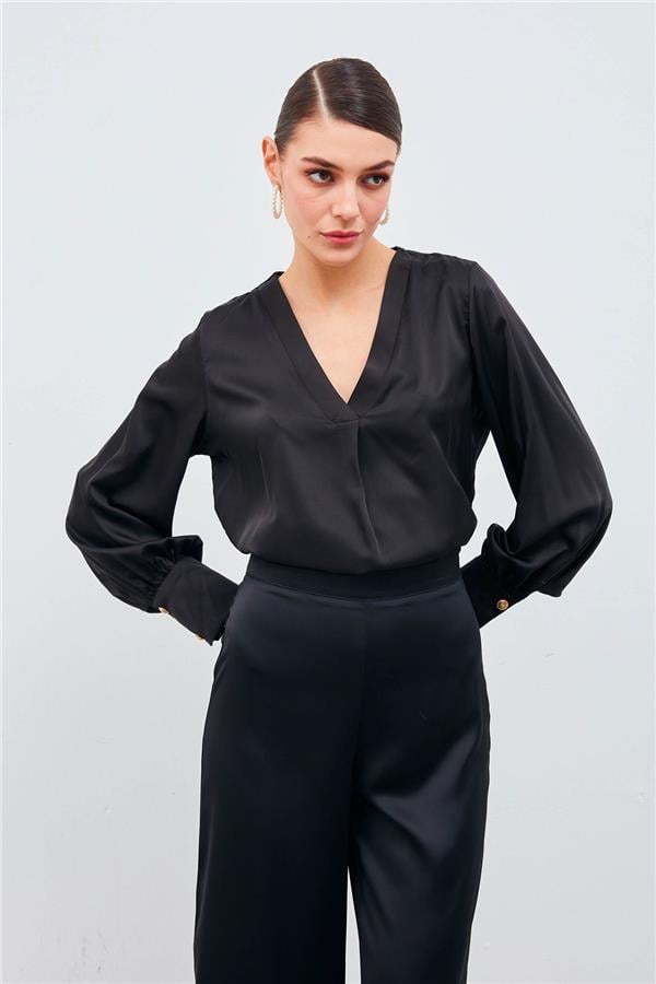 Sateen 871-1010 Siyah Kadın V Yaka Saten Bluz