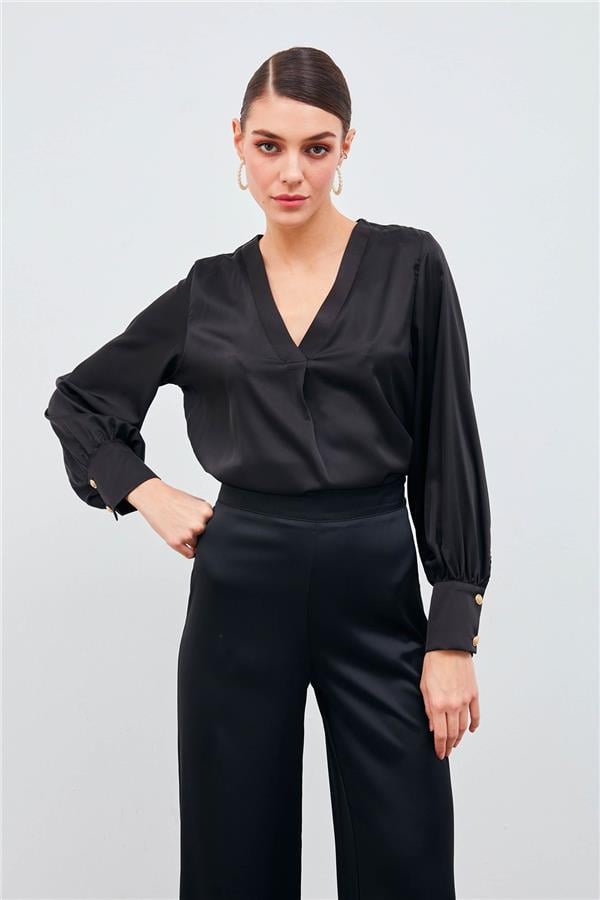 Sateen 871-1010 Siyah Kadın V Yaka Saten Bluz