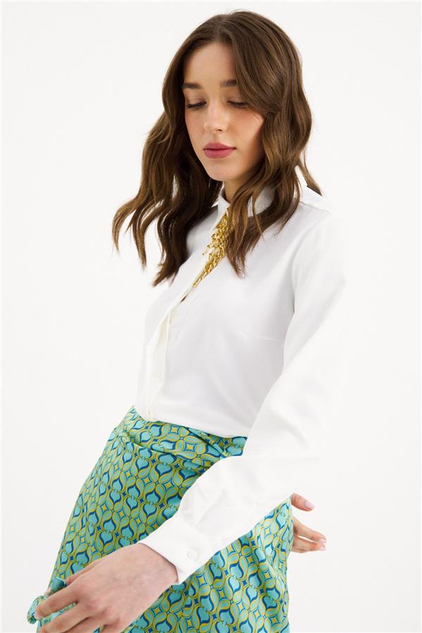 Sateen 881-2013 Ekru Kadın Zincir Detaylı Gömlek