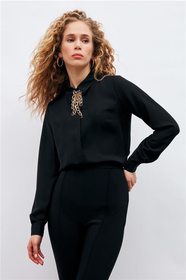 Sateen 881-2013 Siyah Kadın Zincir Detaylı Gömlek