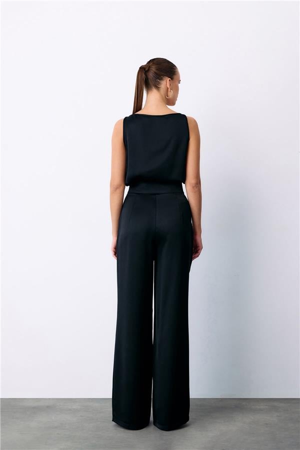 Sateen Y25 1580-5502 Sıyah Kadın Aksesuarlı Krep Saten Pantolon