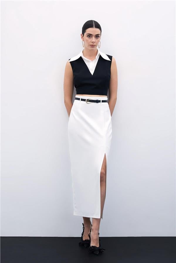 Sateen Y25 1762-4006 Ekru Kadın Kemer Detaylı Yırtmaclı Etek