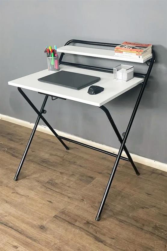 🔥 Lich Metal Ayaklı Katlanır Çalışma Masası Beyaz | Raflı Laptop Sehpası | Çizim ve Ders Masası