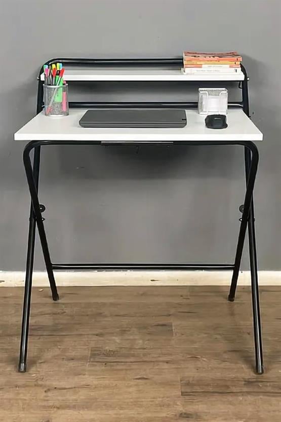 🔥 Lich Metal Ayaklı Katlanır Çalışma Masası Beyaz | Raflı Laptop Sehpası | Çizim ve Ders Masası