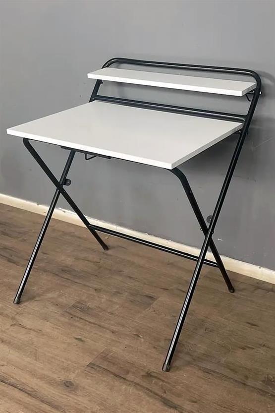 🔥 Lich Metal Ayaklı Katlanır Çalışma Masası Beyaz | Raflı Laptop Sehpası | Çizim ve Ders Masası