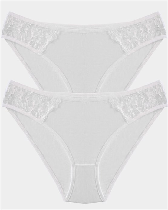 205 - 2li Pamuklu Dantel Detaylı Slip Külot Ekru S