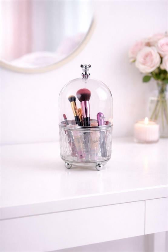 2Li Şeffaf Akrilik & Kapaklı Makyaj Organizer Seti – Fırça, Ruj Ve Kozmetik Düzenleyici