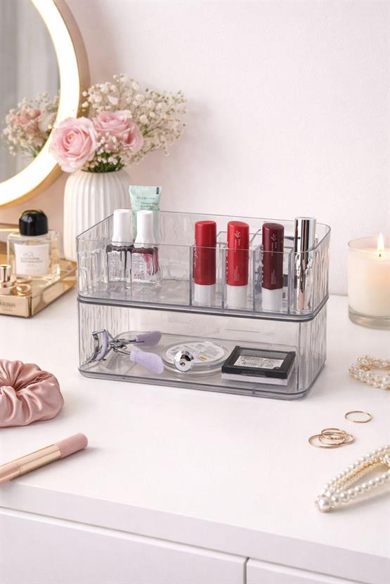 2Li Şeffaf Akrilik & Kapaklı Makyaj Organizer Seti – Fırça, Ruj Ve Kozmetik Düzenleyici