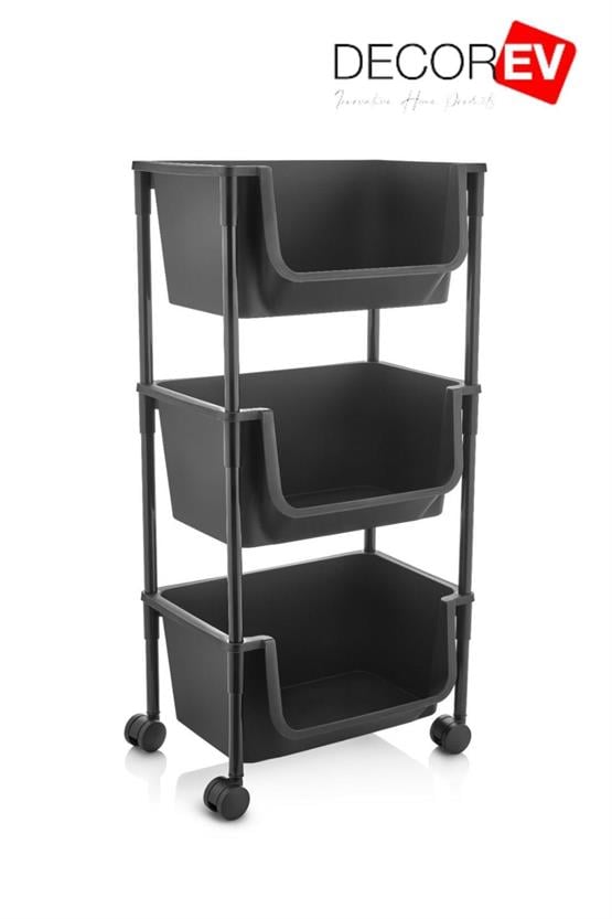 Decorev 3 Katlı Tekerlekli Plastik Organizer Raf – Çok Amaçlı Mutfak, Banyo Ve Ofis Düzenleyici (Siyah)