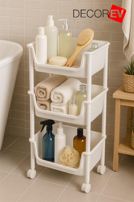 Decorev 3 Katlı Tekerlekli Plastik Organizer Raf Çok Amaçlı Mutfak Banyo Ve Ofis Düzenleyici (Beyaz) DC-6821