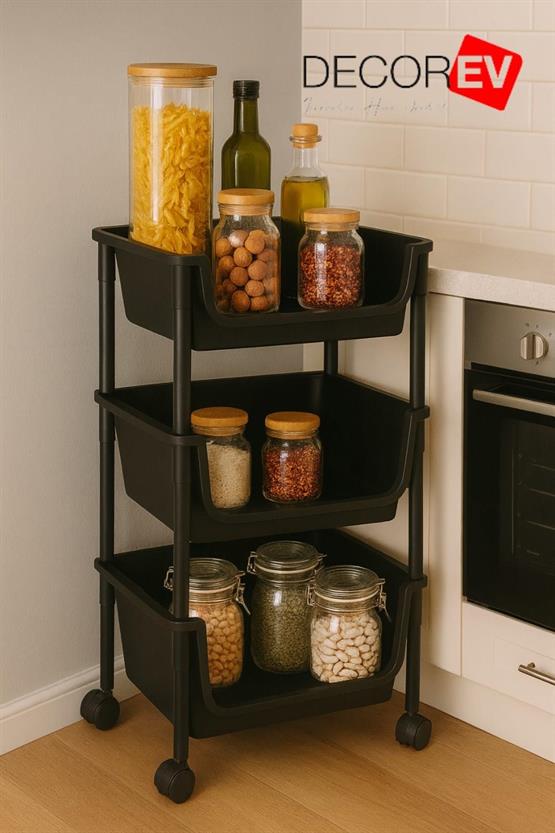 Decorev 3 Katlı Tekerlekli Plastik Organizer Raf – Çok Amaçlı Mutfak, Banyo Ve Ofis Düzenleyici (Siyah)