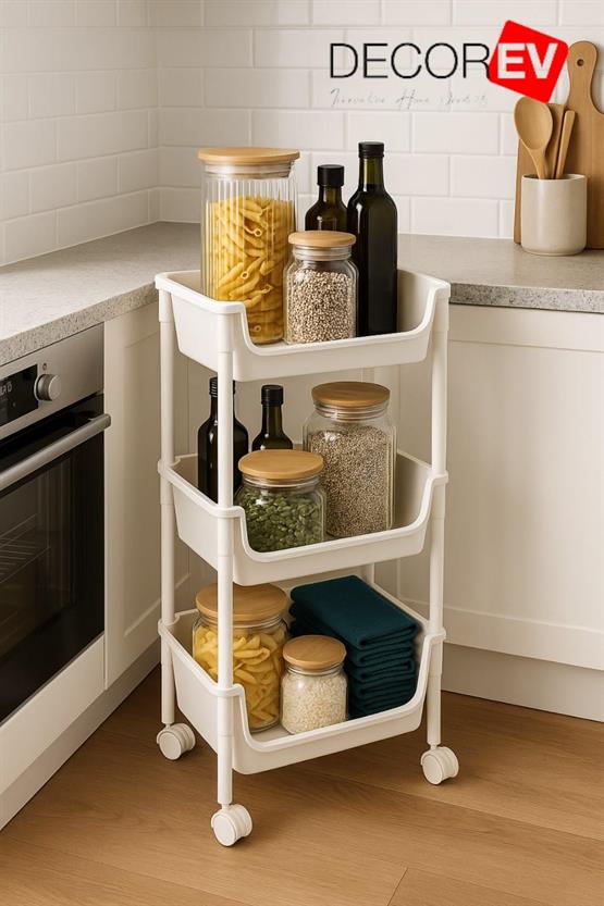 Decorev 3 Katlı Tekerlekli Plastik Organizer Raf Çok Amaçlı Mutfak Banyo Ve Ofis Düzenleyici (Beyaz) DC-6821