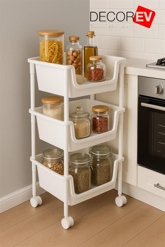 Decorev 3 Katlı Tekerlekli Plastik Organizer Raf Çok Amaçlı Mutfak Banyo Ve Ofis Düzenleyici (Beyaz) DC-6821
