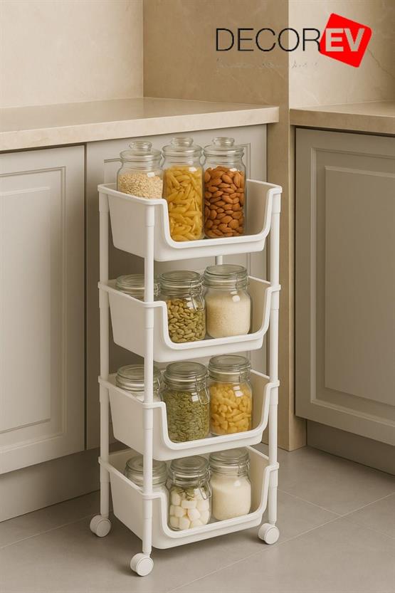 Decorev 4 Katlı Tekerlekli Plastik Organizer Raf Çok Amaçlı Mutfak Banyo Ve Ofis Düzenleyici (Beyaz) DC-6823