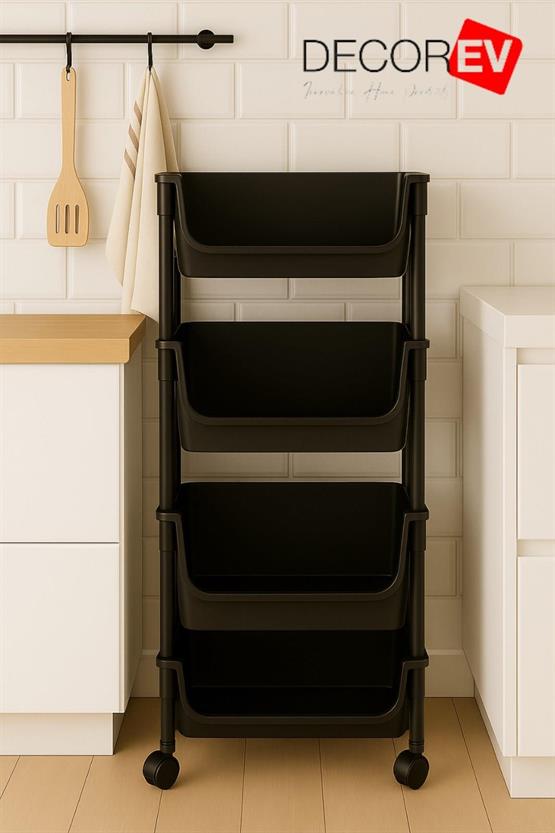 Decorev 4 Katlı Tekerlekli Plastik Organizer Raf Çok Amaçlı Mutfak Banyo Ve Ofis Düzenleyici (Siyah) DC-6824