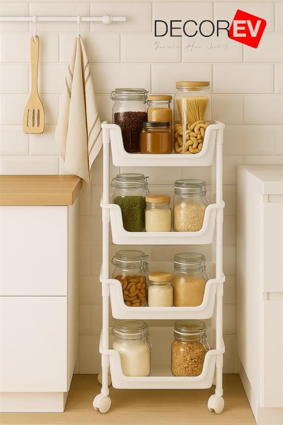 Decorev 4 Katlı Tekerlekli Plastik Organizer Raf Çok Amaçlı Mutfak Banyo Ve Ofis Düzenleyici (Beyaz) DC-6823