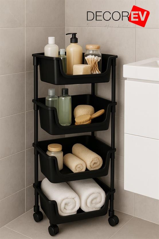 Decorev 4 Katlı Tekerlekli Plastik Organizer Raf Çok Amaçlı Mutfak Banyo Ve Ofis Düzenleyici (Siyah) DC-6824