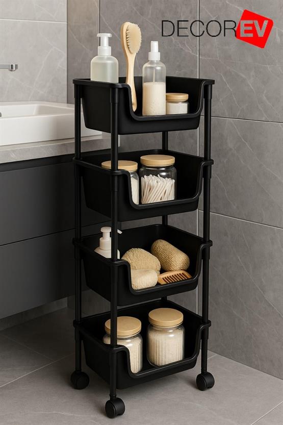 Decorev 4 Katlı Tekerlekli Plastik Organizer Raf Çok Amaçlı Mutfak Banyo Ve Ofis Düzenleyici (Siyah) DC-6824