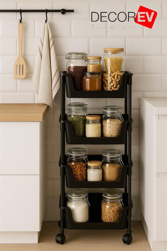 Decorev 4 Katlı Tekerlekli Plastik Organizer Raf Çok Amaçlı Mutfak Banyo Ve Ofis Düzenleyici (Siyah) DC-6824