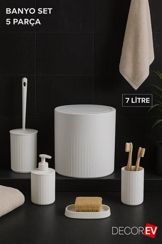 Decorev 5 Parça Modern Çizgili Banyo Seti  (Beyaz) DC-6762