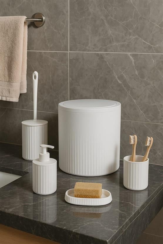 Decorev 5 Parça Modern Çizgili Banyo Seti  (Beyaz) DC-6762