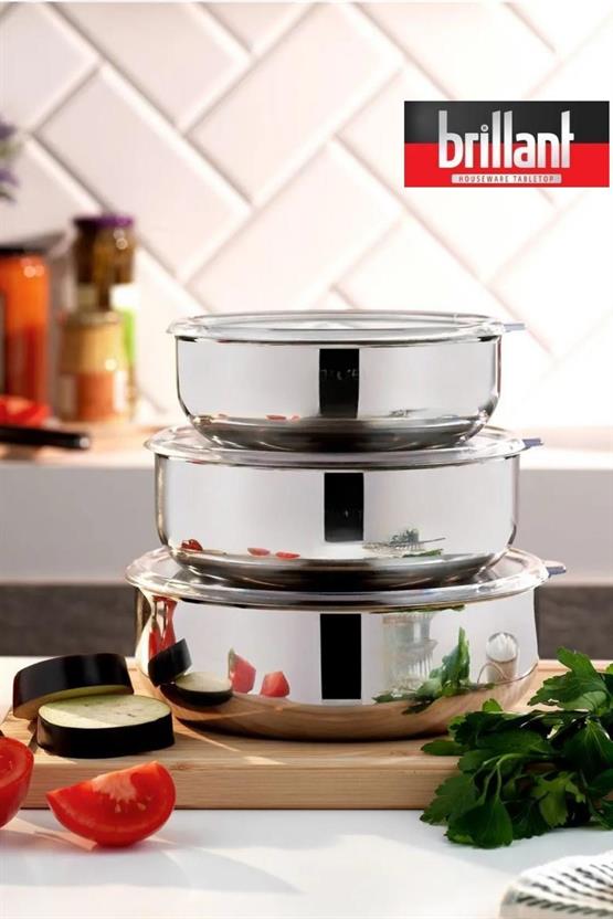 Brillant 6 Parça Aldip Çelik Saklama Kabı Seti 3lü (16-18-20 cm) - Şeffaf Kapaklı Metal Saklama Kabı