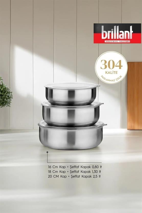 Brillant 6 Parça Aldip Çelik Saklama Kabı Seti 3lü (16-18-20 cm) - Şeffaf Kapaklı Metal Saklama Kabı