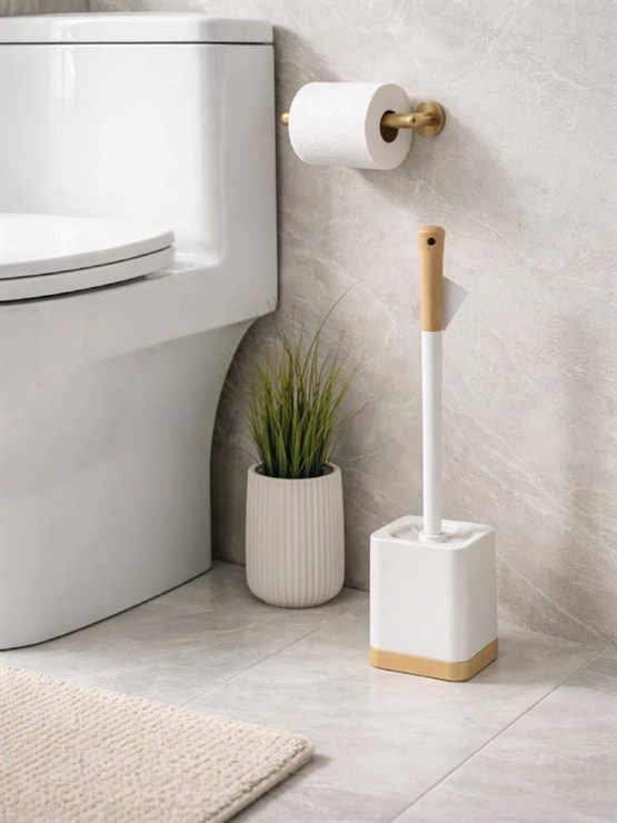 Ahşap Detaylı Modern Tuvalet Fırçası Ve Standı – Şık, Kapalı Hazneli WC Fırçası VICHY-7040