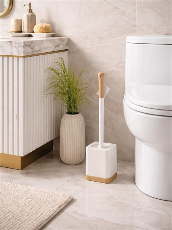 Ahşap Detaylı Modern Tuvalet Fırçası Ve Standı – Şık, Kapalı Hazneli WC Fırçası VICHY-7040