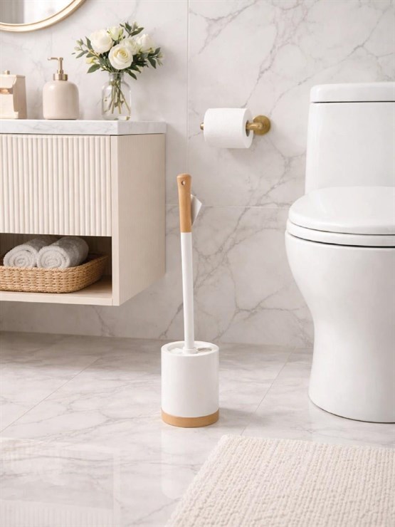 Ahşap Detaylı Silindir Tuvalet Fırçası Ve Standı – Modern, Kapalı Hazneli WC Fırçası  VICHY-7041