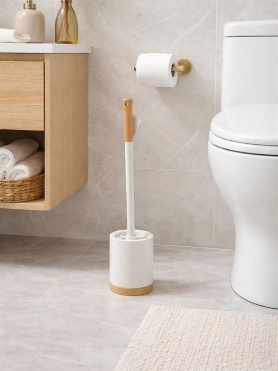 Ahşap Detaylı Silindir Tuvalet Fırçası Ve Standı – Modern, Kapalı Hazneli WC Fırçası  VICHY-7041