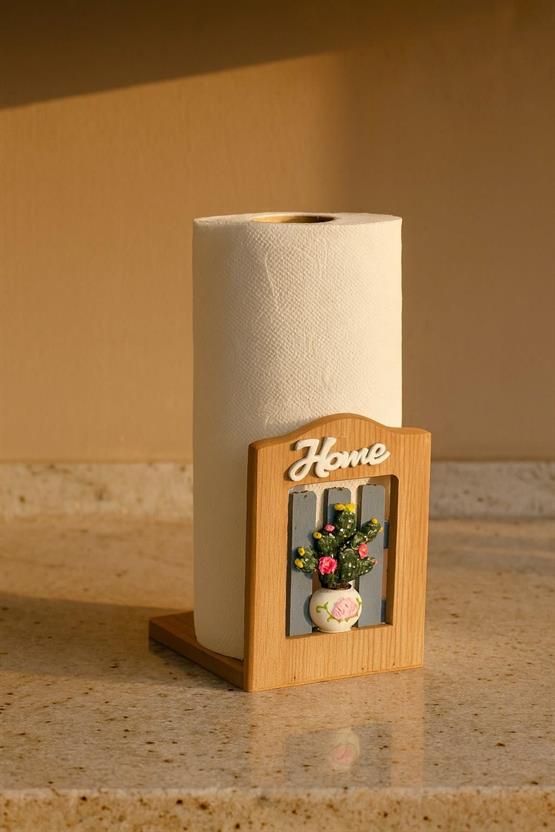 Ahşap Kağıt Havlu Tutucu – Çiçek Vazolu ve “Home” Yazılı Dekoratif Mutfak Aksesuarı BR-6627