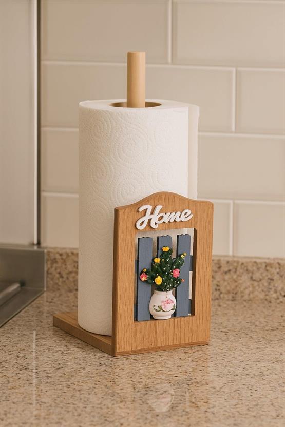 Ahşap Kağıt Havlu Tutucu – Çiçek Vazolu ve “Home” Yazılı Dekoratif Mutfak Aksesuarı BR-6627