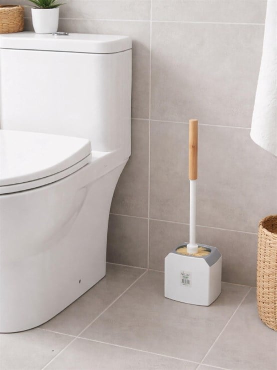 Ahşap Saplı Köşeli Tuvalet Fırçası Ve Standı – Modern, Açık Hazneli WC Fırçası VICHY-7044