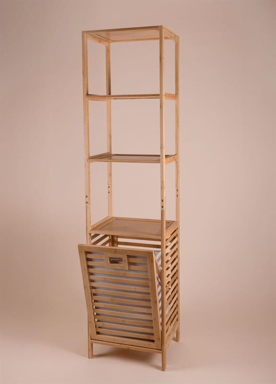 The Mia Bambu 4 Raflı Banyo Düzenleyici Dolap ve Çamaşır Sepeti 160x40x33 Cm