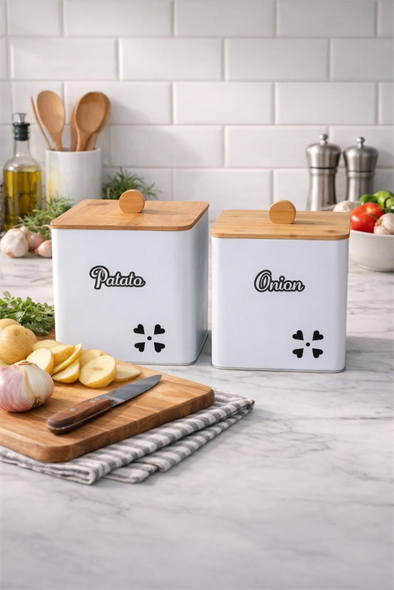 Bambu Kapaklı Kare Metal Patates Soğanlık Decorev Beyaz DC 7101