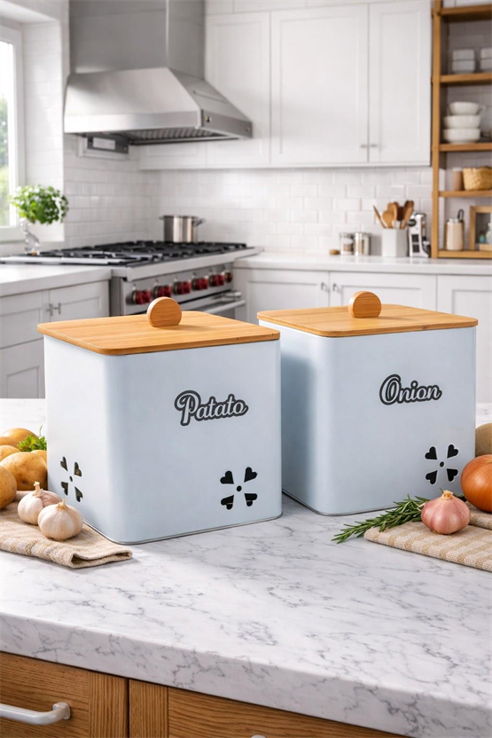 Bambu Kapaklı Kare Metal Patates Soğanlık Decorev Beyaz DC 7101