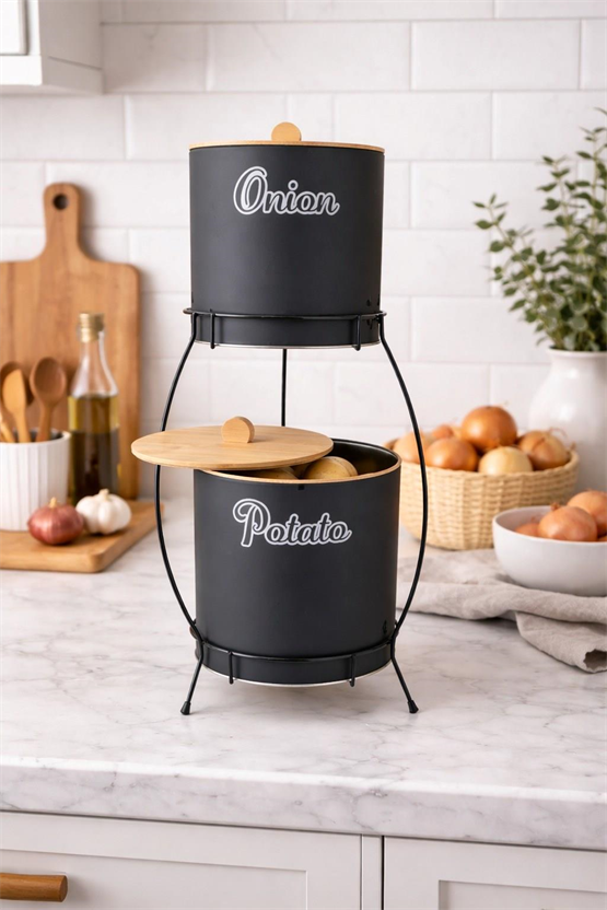 Bambu Kapaklı Metal Patates Soğanlık Siyah STANDLI Decorev DC-7100