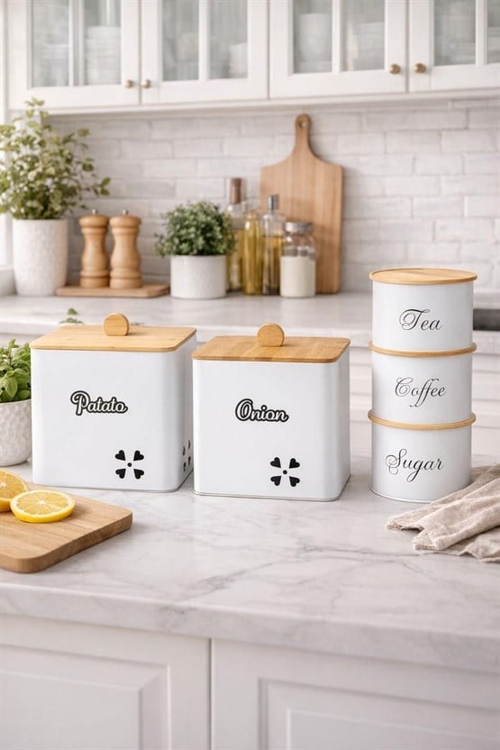Bambu Kapaklı Metal Patates Ve Soğan Saklama Kovası Kare  & Çay Kahve Şeker Kavanoz Seti – BEYAZ