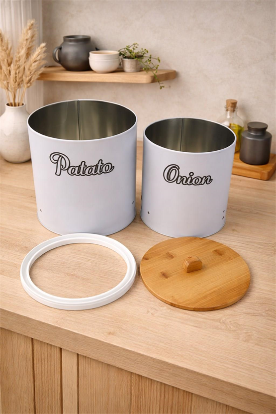 Bambu Tek Kapaklı Metal Patates Soğanlık Decorev Beyaz DC -7106