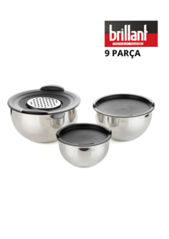 Brillant 9 Parça Paslanmaz 3lü Rendeli Saklama  Karıştırma Kabı