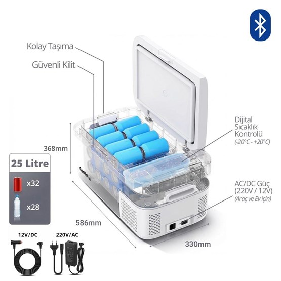 Coolist CLK25B 12/24Volt/ 220Volt 25 Litre Kompresörlü Bluetooth Bağlantılı Oto Buzdolabı