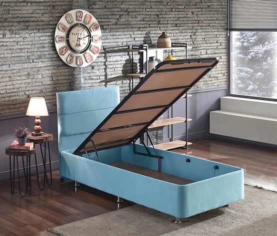 Cozy Baza ve Başlık - 100x200 cm Tek Kişilik Sandıklı Bebek Mavisi Kumaş Baza ve Başlığı Silinebilir