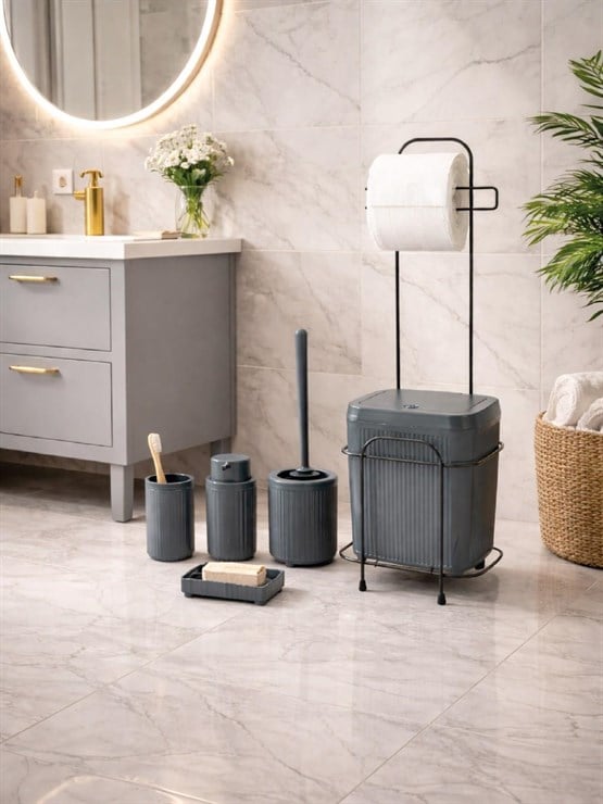 DECOREV  Standlı Antrasit 5 Parça Click Kapaklı Banyo Seti DC-6804