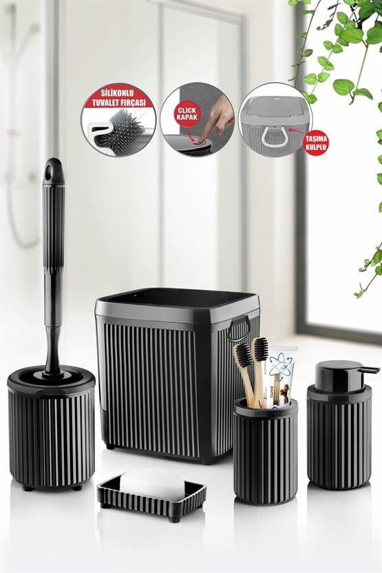 Decorev 5 Parça Siyah Click Kapaklı Silikon Fırçalı Taşıma Kulplu Banyo Seti – 5 Litre