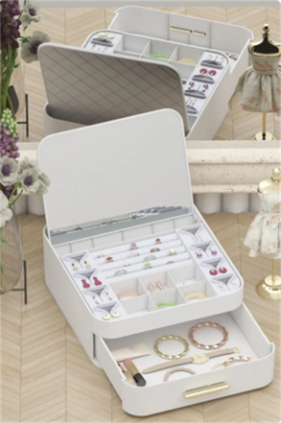 Decorev Aynalı Çok Bölmeli Çekmeceli  Makyaj Takı Organizer Krem