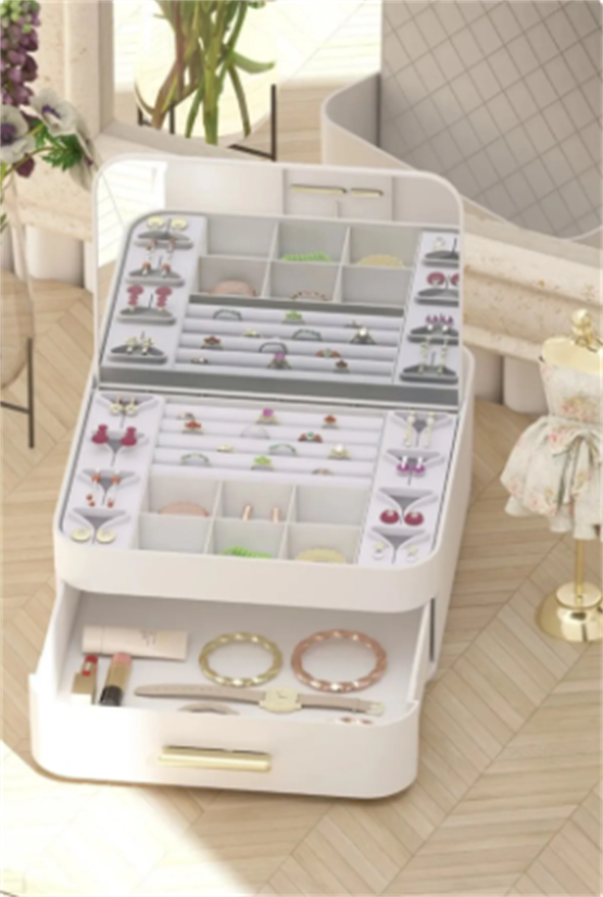 Decorev Aynalı Çok Bölmeli Çekmeceli  Makyaj Takı Organizer Krem
