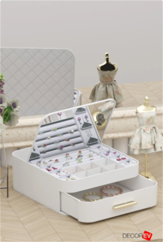 Decorev Aynalı Çok Bölmeli Çekmeceli  Makyaj Takı Organizer Krem