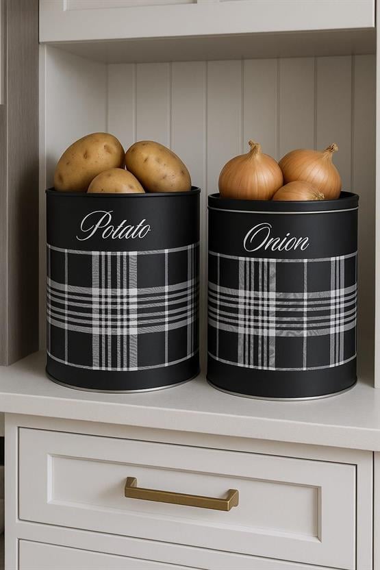 Decorev Dekoratif Siyah Ekose Tasarımlı Soğan ve Patates Saklama Kutusu Seti DC-6767